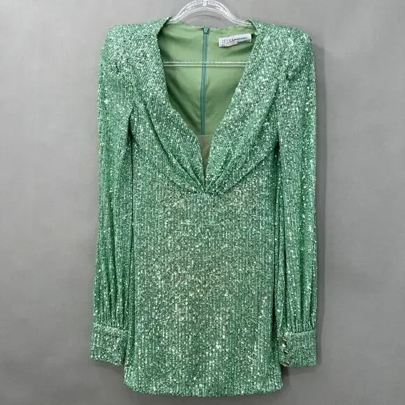 B34 Mac Duggal Sequin Blouson Sleeve Mini Dress Womens 4 Retro Swiftie Vegas - Picture 4 of 8